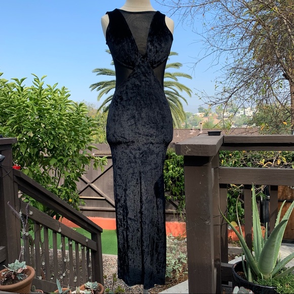 mgr Dresses & Skirts - VINTAGE Black Crushed Velvet Sheer Paneled Side Slit Midi Dress size Small